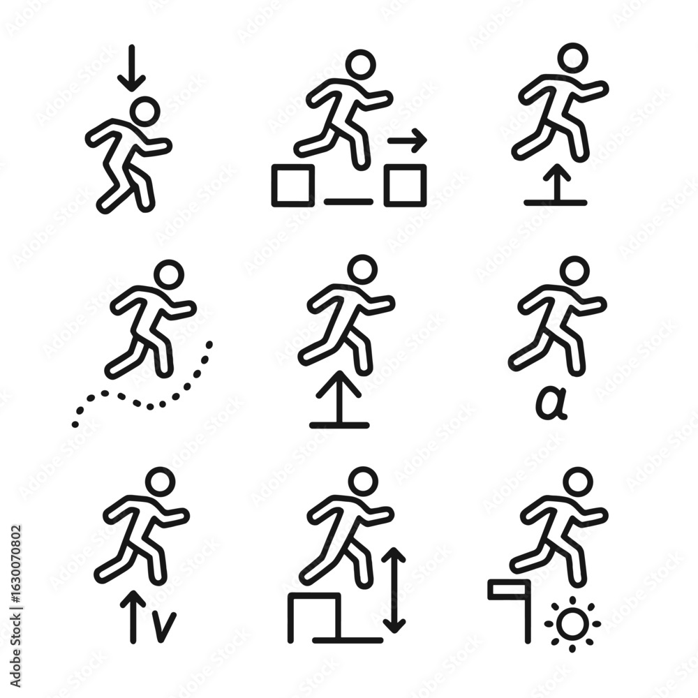 Poster jump physics icons set. outline icon set of jump physics concepts: gravitational jump, momentum jump