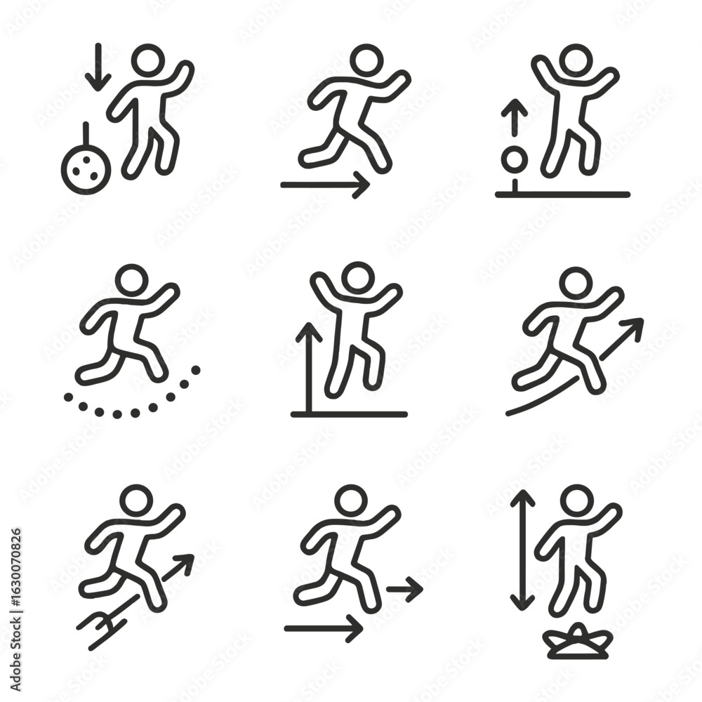 Poster jump physics icons set. outline icon set of jump physics concepts: gravitational jump, momentum jump