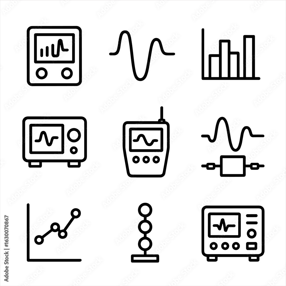 Poster vibration analysis tool icons. outline icon set of vibration analysis tools: fft analyzer, waveform,