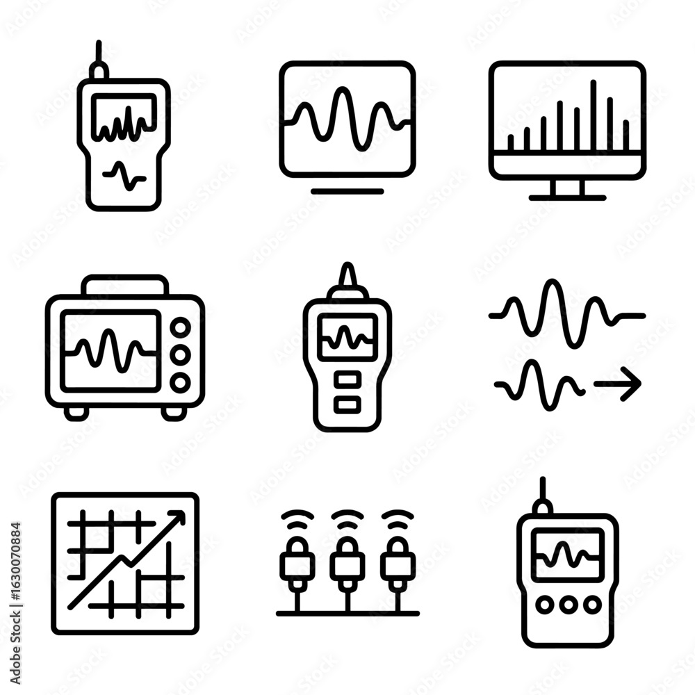 Poster vibration analysis tool icons. outline icon set of vibration analysis tools: fft analyzer, waveform,