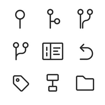 Version Control Icons. Outline icon set of version control: commit icon, branch icon, merge icon, pull request icon, diff view,