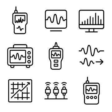 Vibration Analysis Tool Icons. Outline icon set of vibration analysis tools: FFT analyzer, waveform, spectrum, oscilloscope,