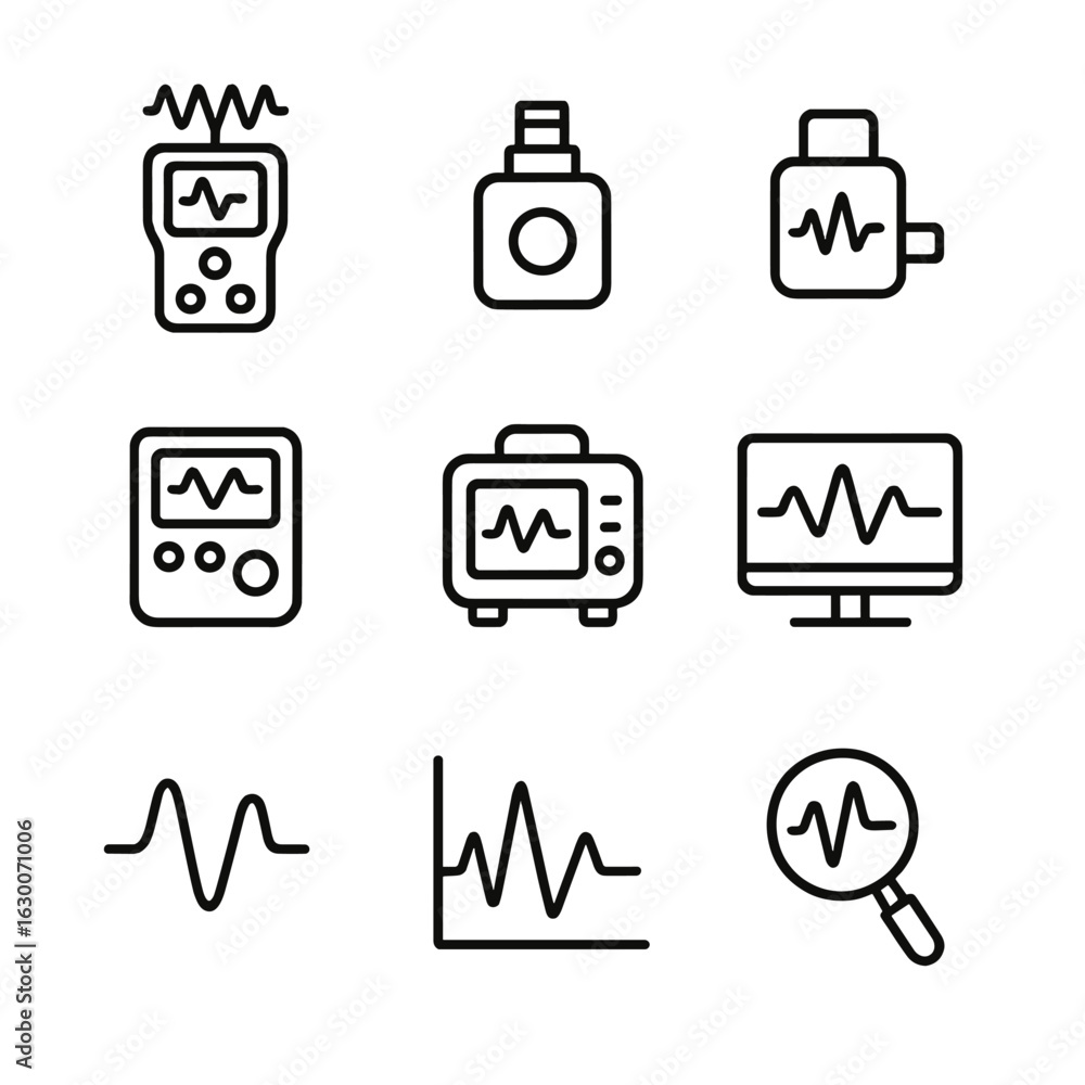 Poster vibration monitoring icons. outline icon set of vibration monitoring: vibration meter, accelerometer