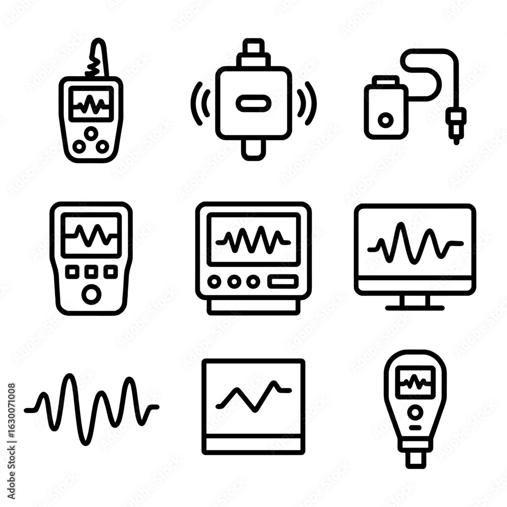 Poster vibration monitoring icons. outline icon set of vibration monitoring: vibration meter, accelerometer