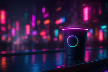 A Steaming Beverage with Neon Circle Design in a Cityscape at Night