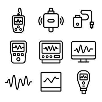 Vibration Monitoring Icons. Outline icon set of vibration monitoring: vibration meter, accelerometer, sensor device, frequency