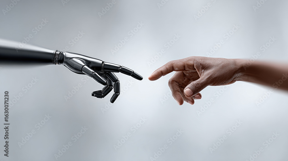Poster human touching advanced technology a close-up of a robotic and human hand connection in a minimalist
