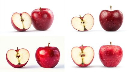 Red apples displayed whole and sliced, revealing their core, set against a white backdrop
