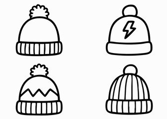 Set of four cute hand-drawn winter hats with different designs. Black outline, doodle style. Perfect for seasonal stickers, greeting cards, children’s books, and holiday illustrations.