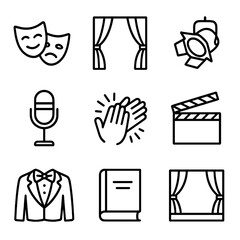 Drama Icon Set. Outline icon set of drama performance: theatrical mask, curtain, spotlight, microphone, applause hands, director’s