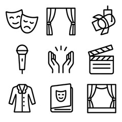 Drama Icon Set. Outline icon set of drama performance: theatrical mask, curtain, spotlight, microphone, applause hands, director’s