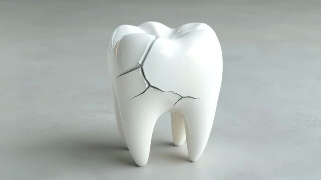 Cracked tooth model with visible fracture lines on smooth white enamel surface representing dental damage, oral health issues, and molar enamel fracture decay symptoms