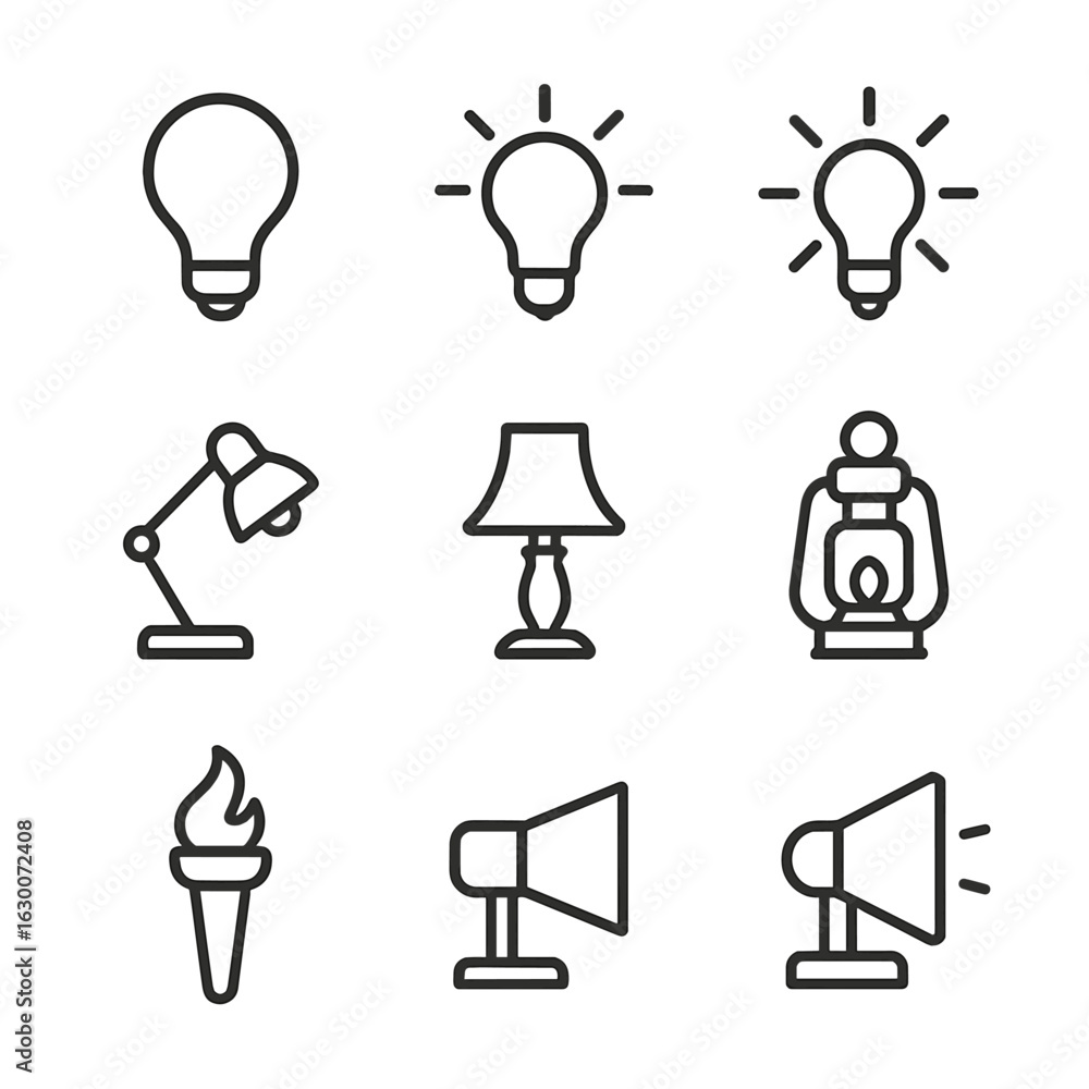 Poster lamp icon set. outline icon set of lamp symbols: light bulb, idea lamp, lamp with rays, lamp with gl
