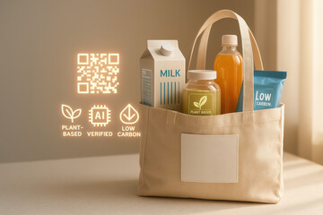Beige Canvas Shopping Bag With Groceries And Digital Icons