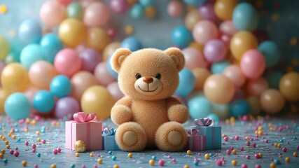 Cute teddy bear with gift box and colorful balloon decoration creating joyful festive atmosphere perfect for birthday party celebration plush toy festive decoration party balloon gift box teddy bear - Powered by Adobe
