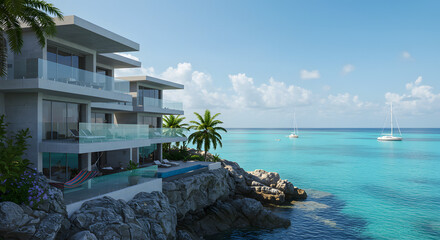 Luxury oceanfront villa with pool and sea view on tropical island vacation rental and turquoise water resort