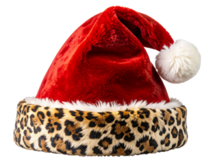 Santa Hat with Leopard Print Band and Pom-Pom, Fashion Holiday Design, Front View, Transparent Background