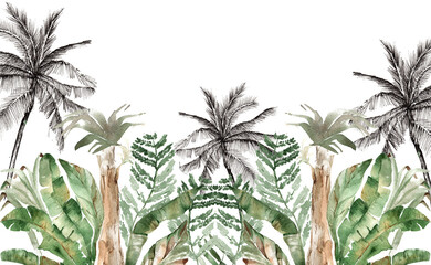 jungle watercolor wallpaper with tropical leaves illustration palms bananas for kids