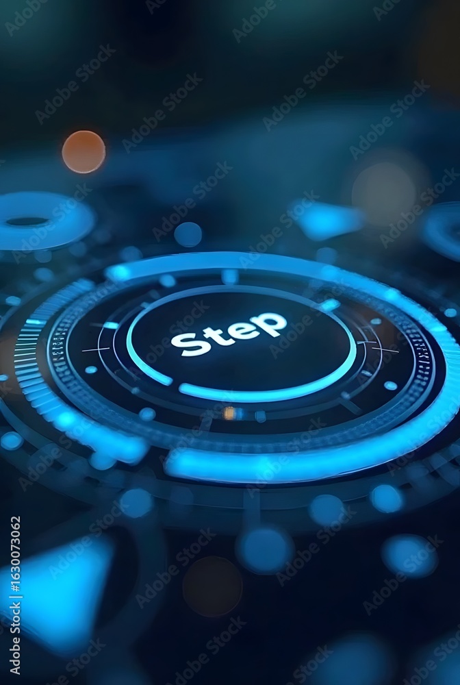 Poster abstract futuristic interface design showcases vibrant blue hues and glowing concentric circles, ver