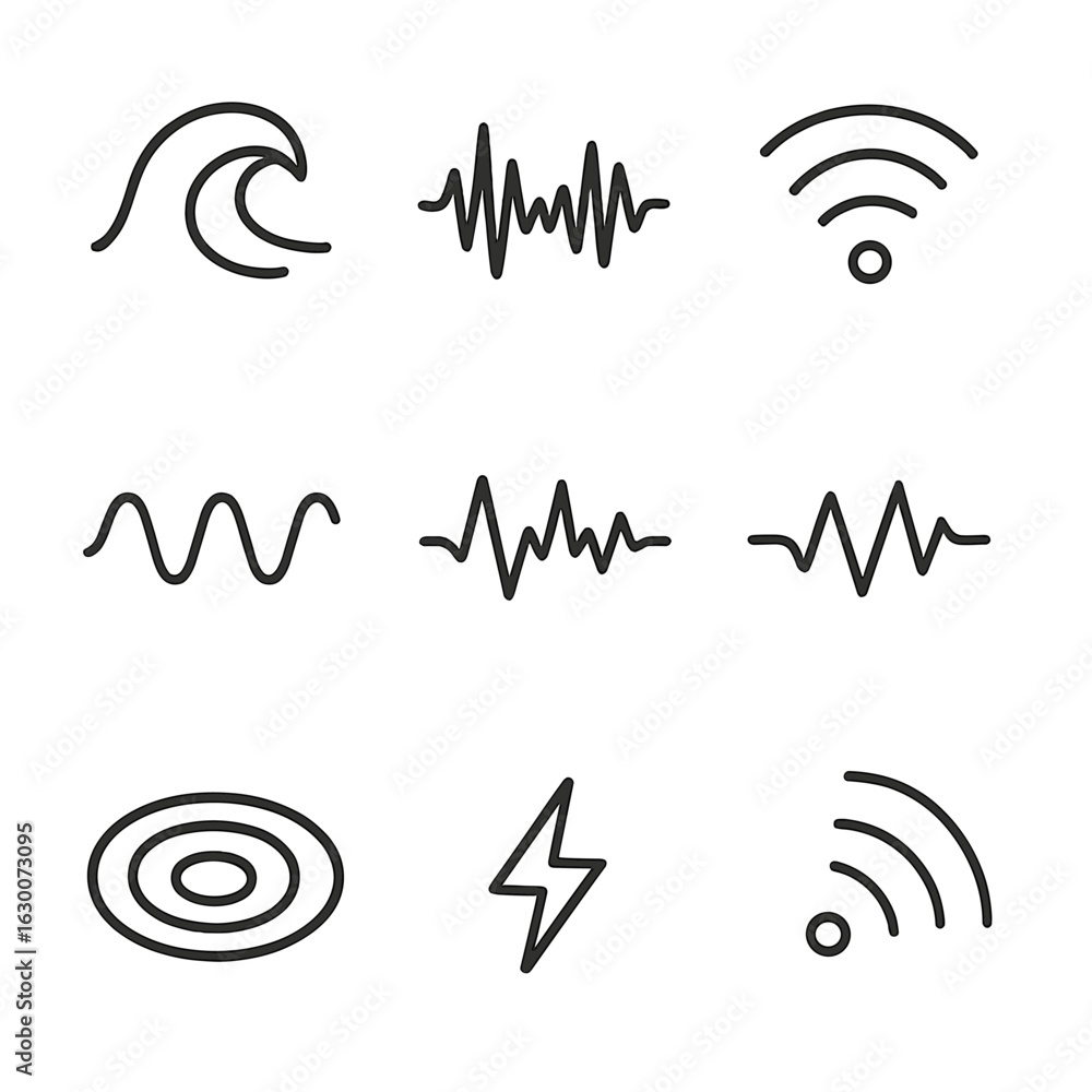Poster wave patterns icons. outline icon set of wave patterns: ocean wave, sound wave, radio wave, light wa