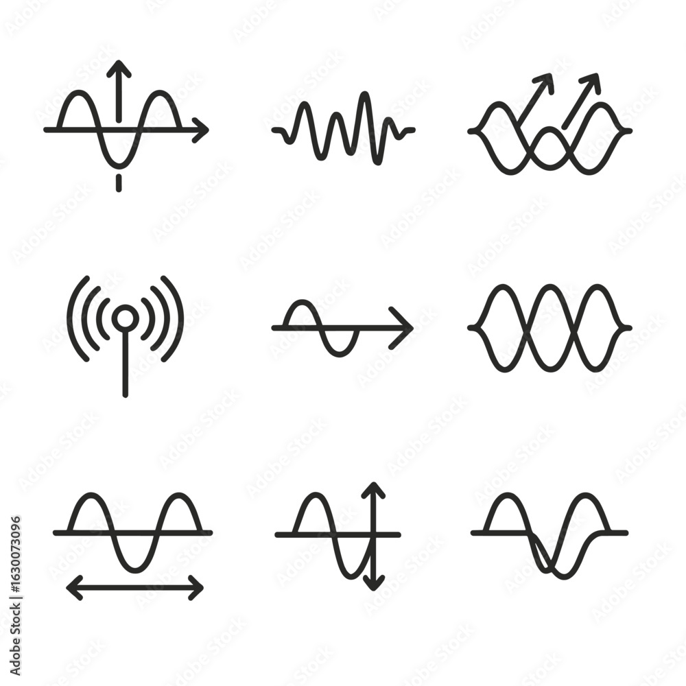 Poster wave icon set. outline icon set of frequency and waves: electromagnetic wave, sound wave, light wave