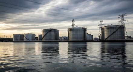 Fototapeta premium Large, metallic storage tanks by a body of water.