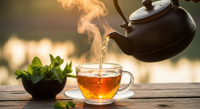  pouring hot herbal tea with fresh mint leaves from a teapot into a glass cup at golden hour