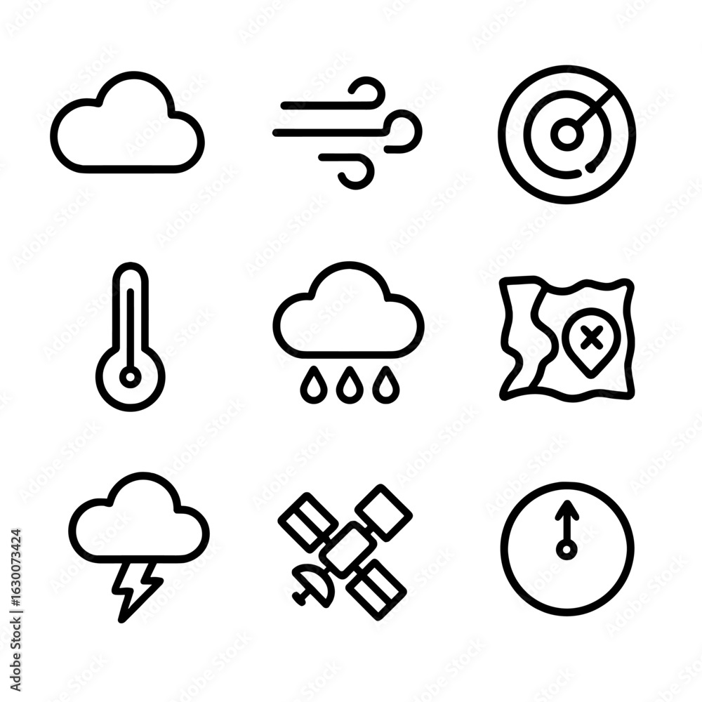 Poster weather icons grid. outline icon set of remote sensing for weather forecasting: clouds, wind, radar,