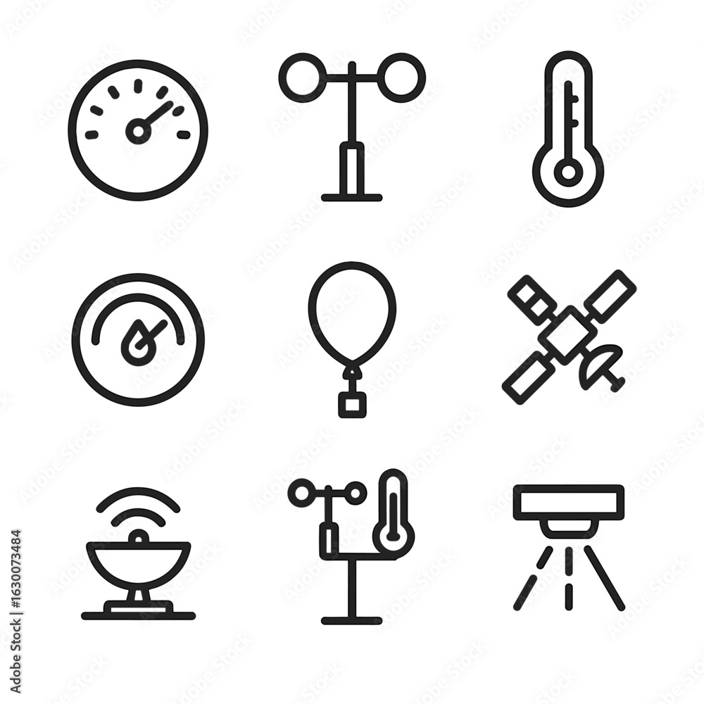 Poster weather instruments icons. outline icon set of atmospheric measurement instruments: barometer, anemo
