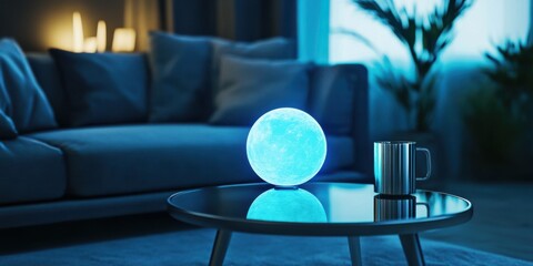 Futuristic Home Interior with Galactic Metallic Decor and Moon Lamp in Moody Lighting
