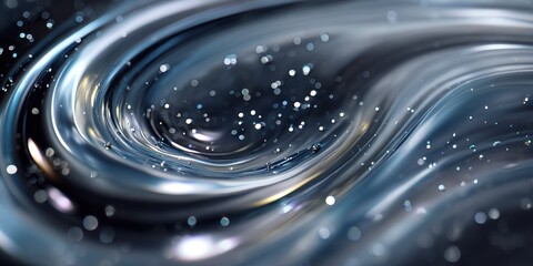 Macro of Liquid Silver Swirls on Black Mirror Surface with Bokeh Light Trails for Futuristic Concept