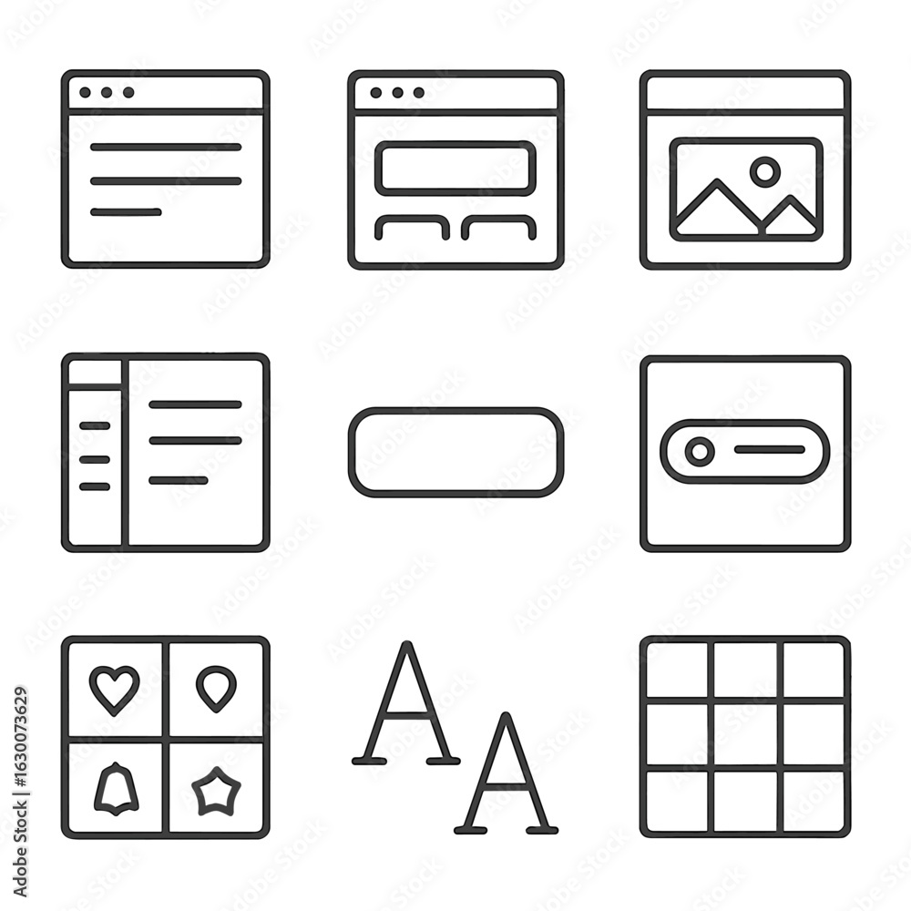 Poster web design icons. outline icon set of web design elements: navigation menu, footer, hero image, side