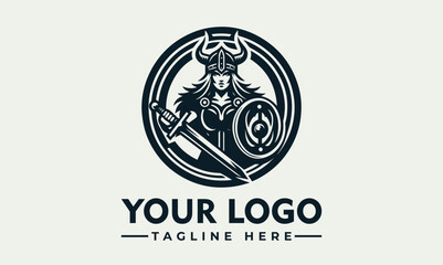A fierce female Viking warrior, wielding sword and shield, depicted in a circular logo design.