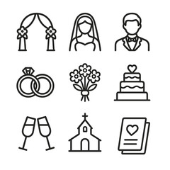 Wedding Icon Set. Outline icon set of wedding ceremony: wedding arch, bride, groom, wedding rings, bouquet, wedding cake, chapel,
