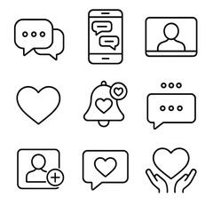 Online Interaction Icons. Outline icon set of online relationship interaction: chat bubbles, mobile phone with