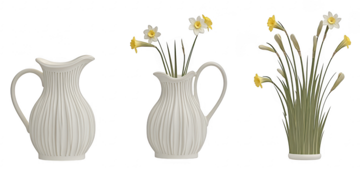 Vases with daffodils arrangement on transparent png background