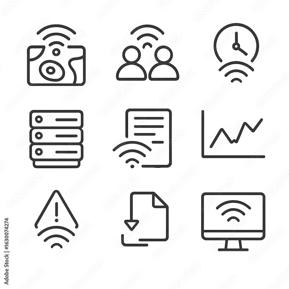 Poster wi-fi analytics icons. outline icon set of wi-fi analytics and monitoring: heatmap overlay, user cou