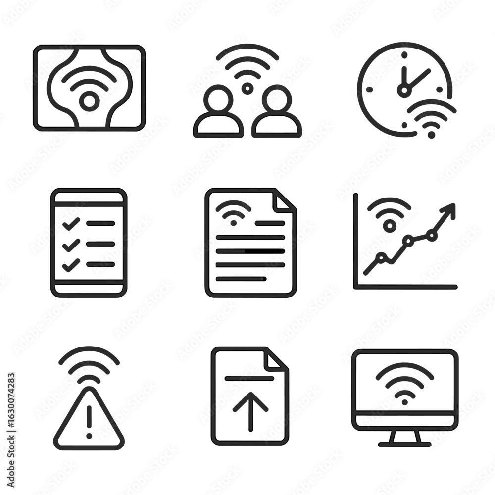 Poster wi-fi analytics icons. outline icon set of wi-fi analytics and monitoring: heatmap overlay, user cou
