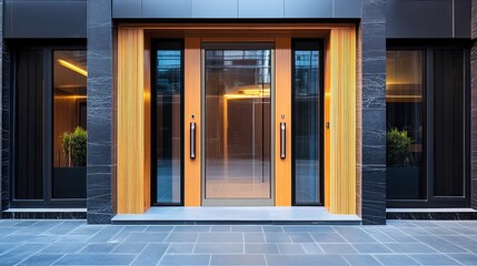 Elegant building facade featuring a modern wooden door and sleek black window frames creating a