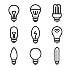 Light Bulb Icons. Outline icon set of light bulbs: incandescent bulb, LED bulb, fluorescent bulb, halogen bulb, vintage bulb,