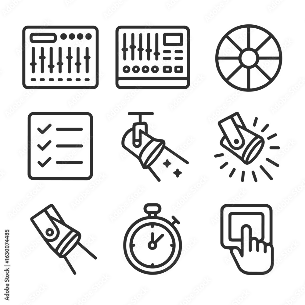 Poster lighting control icons. outline icon set of spotlight programming: dmx controller, light board, colo