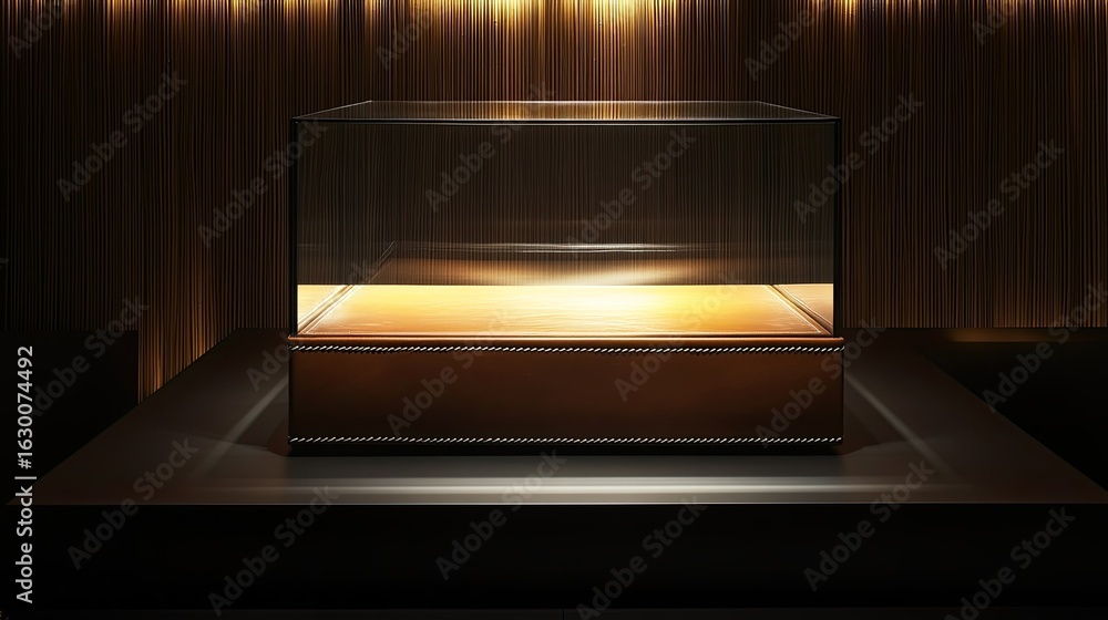 Aufkleber elegant display case illuminated with warm light in a sophisticated setting