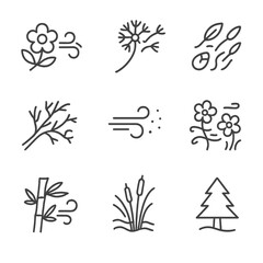 Obraz premium Wind and Plant Icons. Outline icon set of wind in plants: pollination, dandelion, seed dispersal, tree branches, blowing pollen,