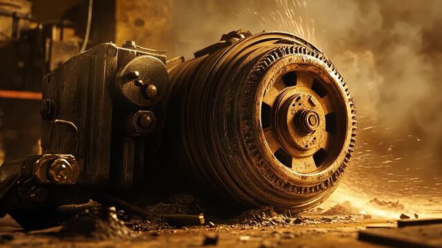 Industrial machine in action with water spray