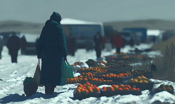 Winter Market: Woman in patterned coat shops for vibrant persimm