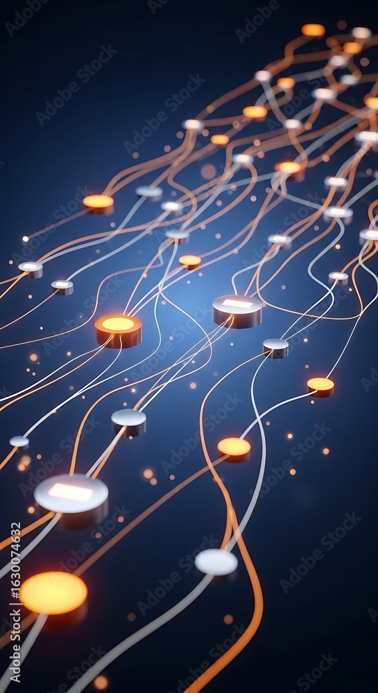 Poster abstract network connections and data flow visualization with glowing nodes and lines