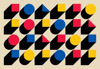 Colorful geometric pattern featuring red, blue, and yellow shapes — circles, squares, and triangles — with black shadows creating a 3D effect. Modern, symmetrical, and visually bold design.