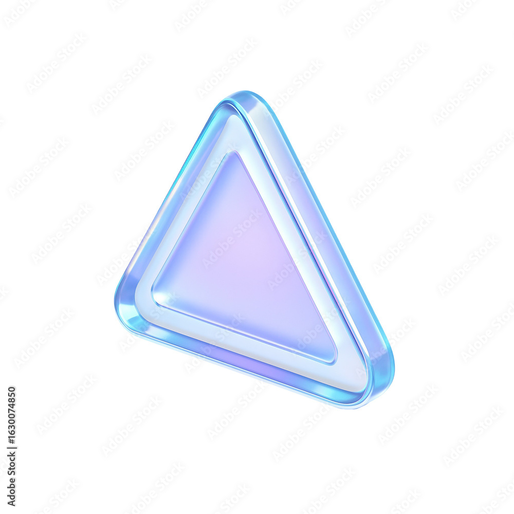 Poster translucent three-dimensional glowing blue triangle icon with soft edges on a transparent background