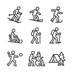Winter Activity Icons. Outline icon set of winter outdoor activities: skiing, snowboarding, ice skating, sledding, hiking,