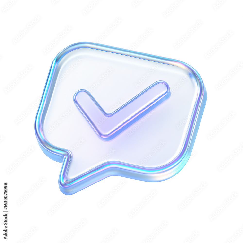 Poster translucent 3d glossy chat bubble icon with a tick symbol representing message confirmation, communi